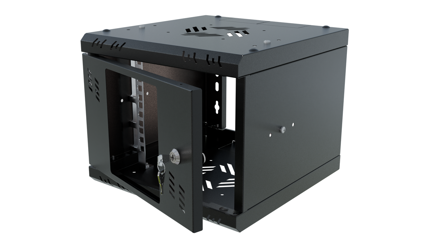 Front view of Stalflex 10 inch 4U 300mm black rack cabinet with glass door