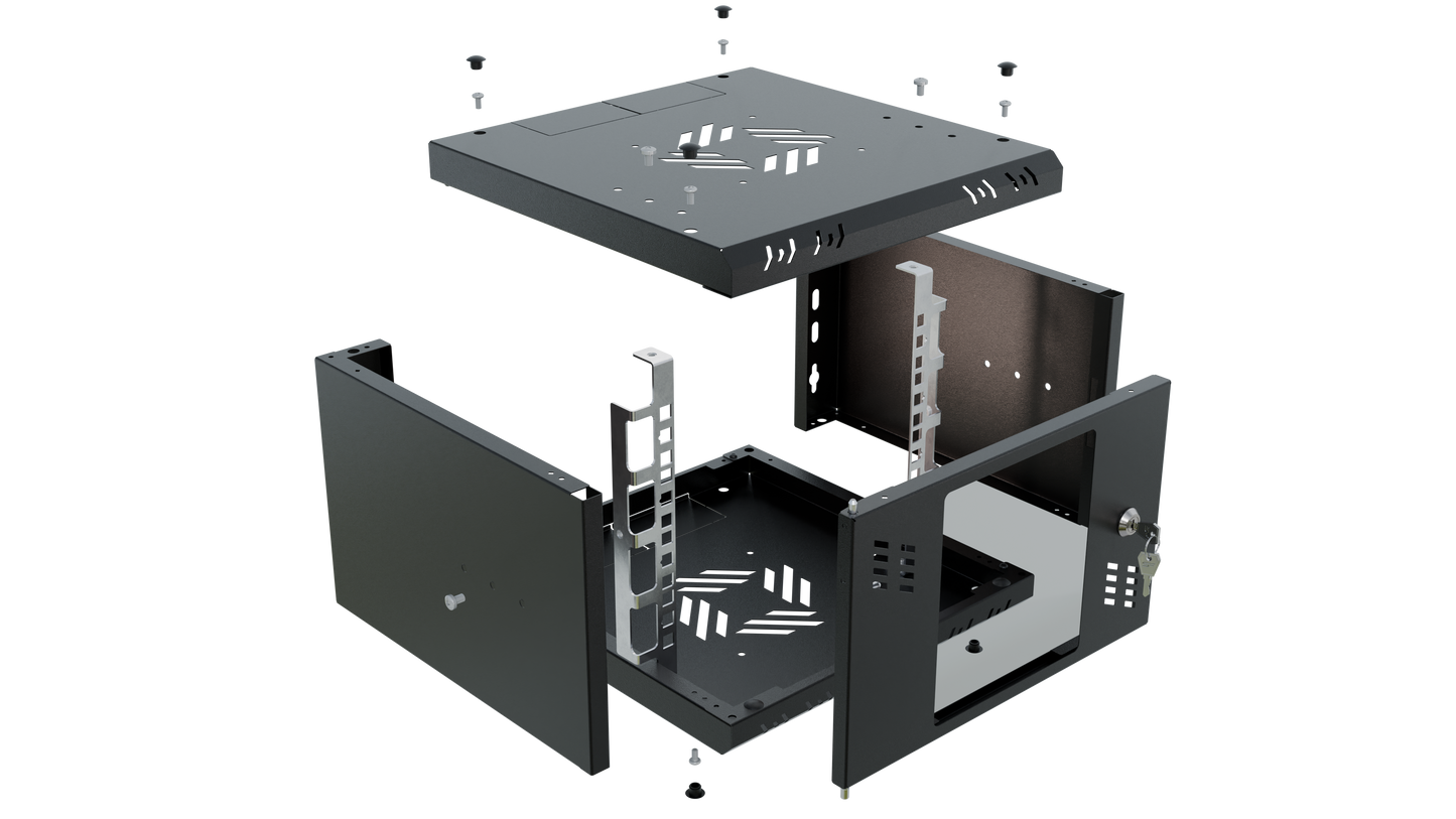 Interior view of 10 inch 4U 300mm black rack cabinet highlighting adjustable mounting rails